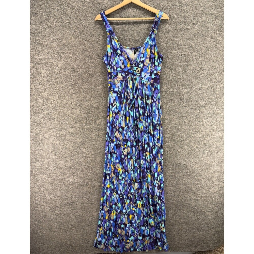 Spense Dress Women L Large Blue Geometric Maxi Long V-Neck Sleeveless Casual